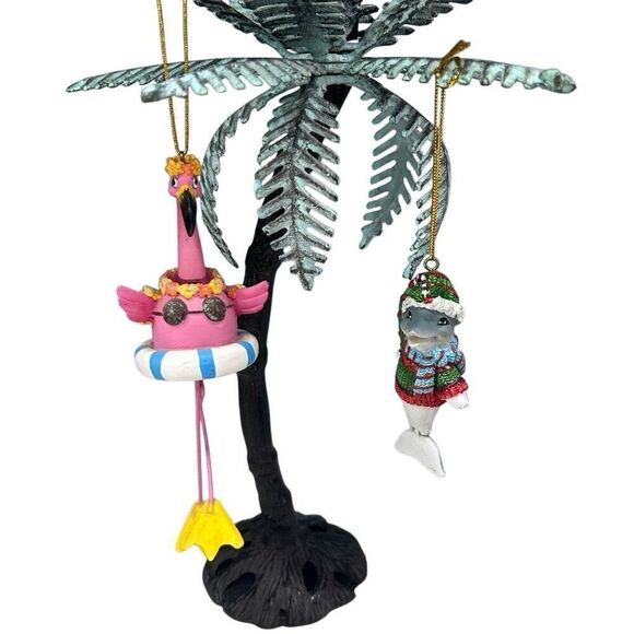 Vtg Lot Of 2 Christmas Ornaments Flamingo Bobblehead & Dolphin w/ Hinged Tail - Picture 1 of 11